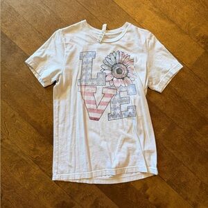 Gildan White Kids Tee with 'LOVE' Flag Letters & Pink Daisy